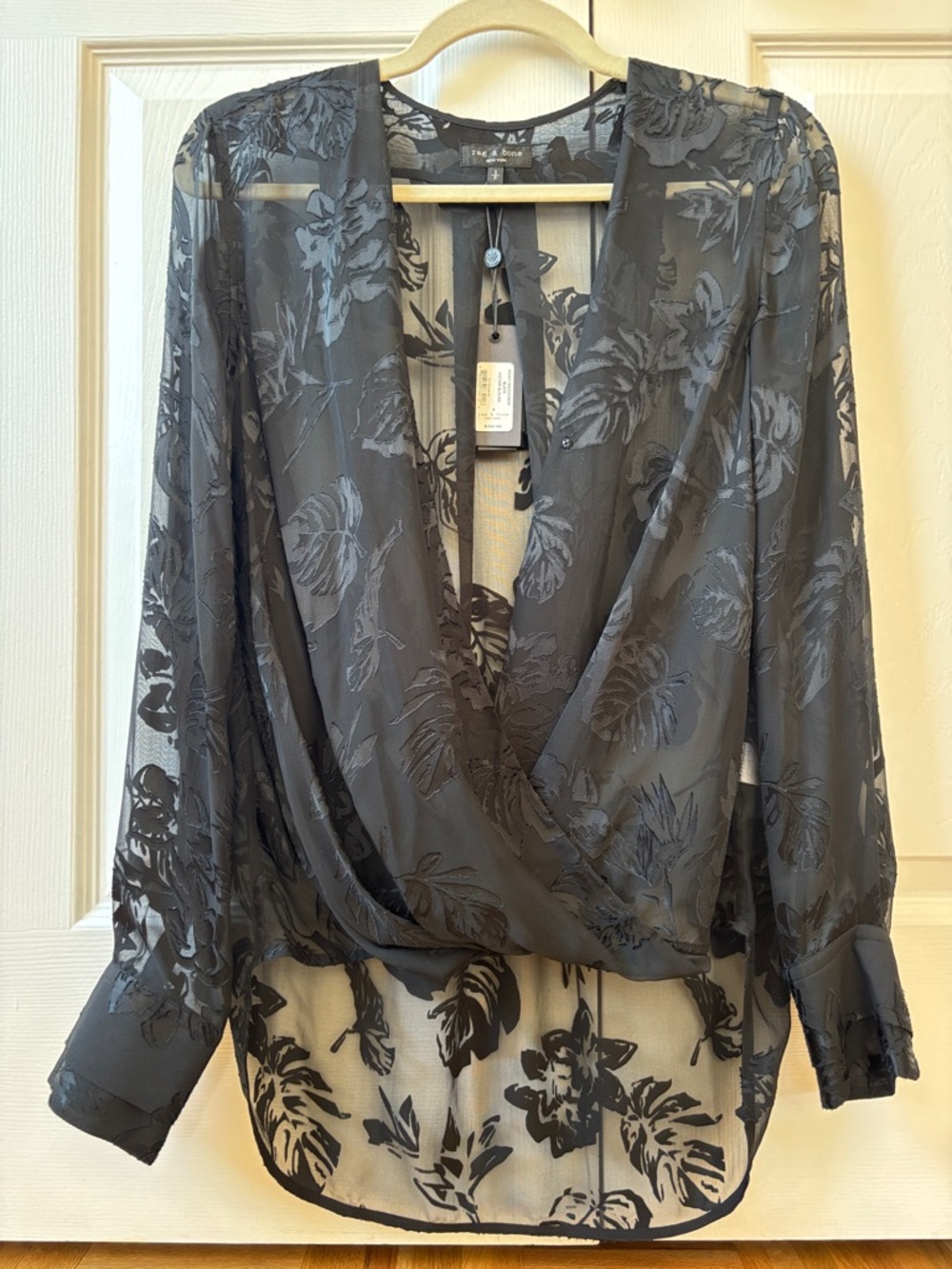 rag & bone Black Sheer Floral Wrap Blouse